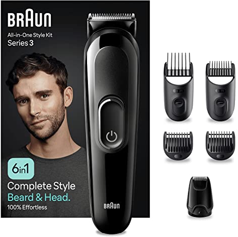 Braun 6-in1 All-in-One Style Kit Series 3, Male Grooming Kit with Beard Trimmer, Hair Clippers & Precision Trimmer, with Lifetime Sharp Blades, Gifts for Men, UK 2 Pin Plug, MGK3420, Black