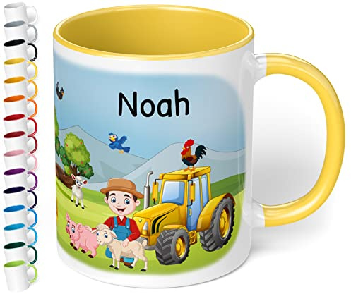 Tasse mit Namen für Kinder „Bauernhof“ – Kindertasse für Jungen & Mädchen personalisiert – Keramiktasse mit Bauernhoftieren & Traktor Kinderbecher – Geschenk zum Kindergartenstart (Hellgelb)