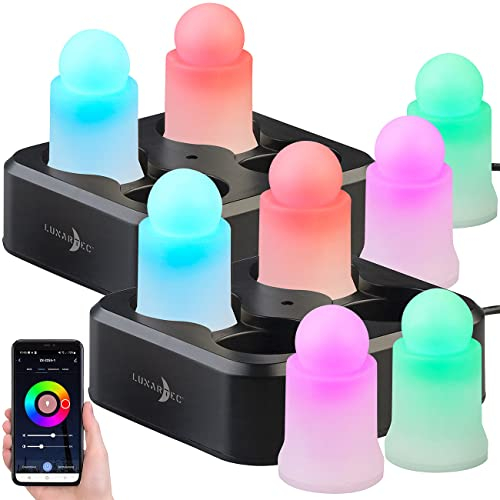 Lunartec LED-Kerzen Ladestaion: 8er-Set wetterfeste LED-RGBWW-Kerzen mit Akku und Ladeschale, App (aufladbares Set, mit Ladestation, Echtwachskerzen)