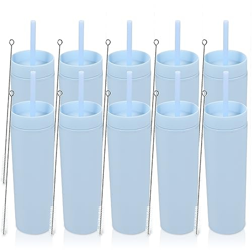 Volhoply 480ml Kunststoff Skinny Becher Mit Deckel und Strohhalm Bulk 10 Pack, Isolierte Doppelte Wand Bpa Frei Matte Acryl Becher, Eiskaffee Reise e Party Cup, Diy Geschenke(Blau,10 Set)