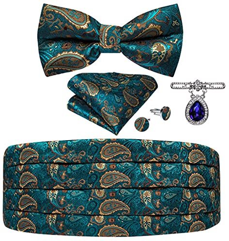 RWRAPS Blaugrünes Herren-Kummerbund-Fliege-Einstecktuch-Manschettenknöpfe-Set für Herren, Smoking-Anzugszubehör, elastische Gürtel (Farbe: Blaugrün, Größe: Einheitsgröße) (Blaugrün, Einheitsgröße)