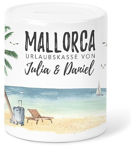 Mallorca Spardose Urlaubskasse personalisierte Reisekasse Urlaub Sparschwein Geldgeschenk Reise Sparbüchse aus Keramik
