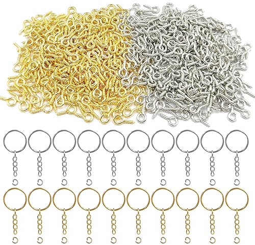 600 Stück kleine Schraubösen, 20 Stück 2,5 cm Schlüsselring mit Kette, Ösennadeln, Haken, Ösenschraube, Mini-selbstschneidende Ösenschrauben für Schmuckherstellung, 4 x 8 mm