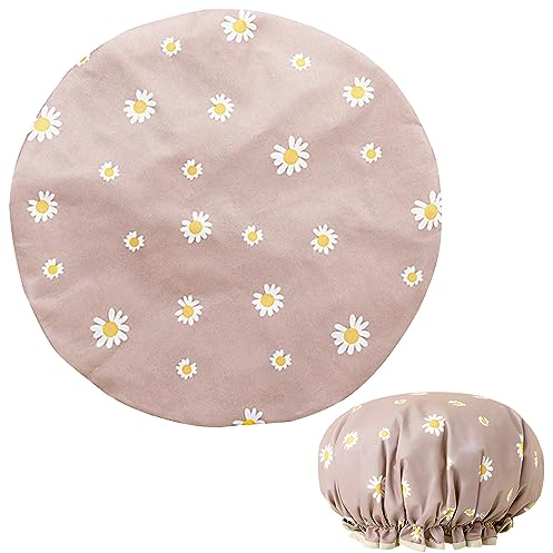 NECXON Cuffia da doccia per donna, cuffie da doccia impermeabili a doppio strato con motivo floreale unico, cuffia da doccia riutilizzabile per capelli ricci lunghi e corti (rosa nordico)