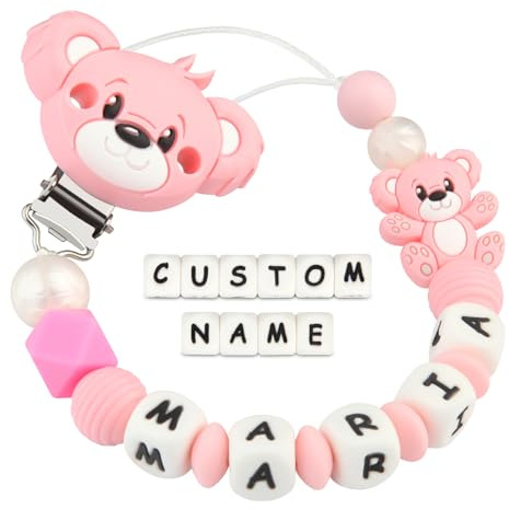 Kowlone Schnullerkette mit Namen Jungen mädchen Personalisiert Teddy Bär Schnuller Clips Halter(Rosa)