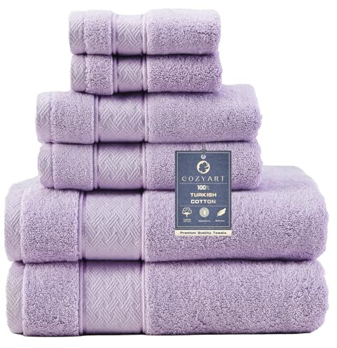 COZYART Lavender Bath Towels Set 6 Piece, Luxury 100% Turkish Cotton 650GSM Hotel Quality, Soft, Absorbent,Towel Sets for Bathroom | 2 Bath Towels 2 Hand Towels 2 Washcloths
