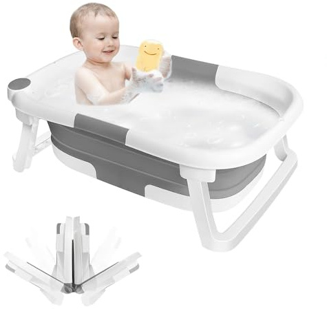 OHMG Faltbare Badewanne für Kinder, Babybadewanne, tragbar, multifunktional, grau, mit Ständer, mit Anti-Rutsch-Matte und Ablaufloch