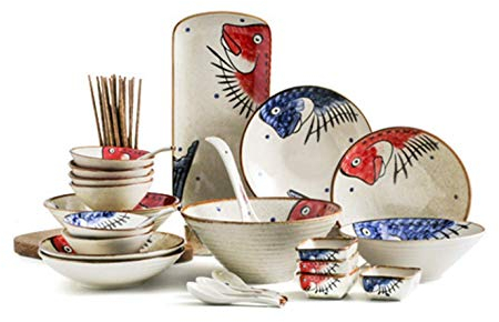 Servizio da 35 pezzi per 6 persone Servizio da tavola in ceramica vintage, stoviglie in porcellana con motivo pesce rosso blu