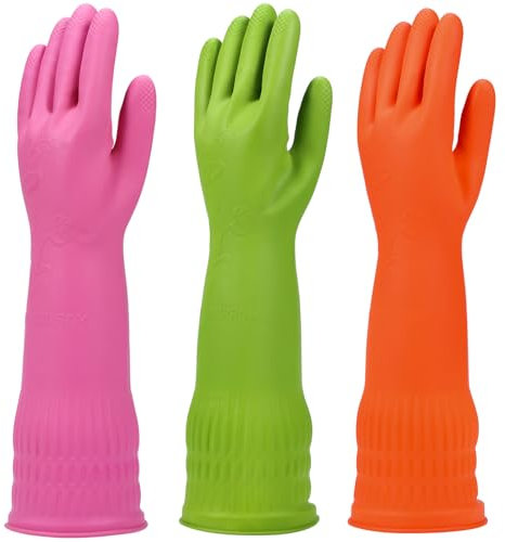 YSLON Rubber Dishwashing Glove Kitchen Cleaning Gloves 3-Pairs,Waterproof Reuseable.(Multicolor,Medium)