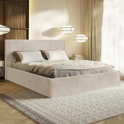 MOTIVENA Boho Bett 160x200 Beige Samt, mit Stauraum, mit Kopfteil, mit Lattenrost, ohne Füße, ohne Matratze, Polsterbett 160x200 mit Bettkasten Beige (Creme)