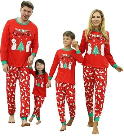 DDKJ Family Christmas Pyjamas Set,Matching Christmas Pjs for Family,Christmas Pajamas,Funny Xmas Pjs,Long Sleeve Nightwear with Print,Xmas Jammies Red Snowmen-14 Years-Kid Only 1 Set