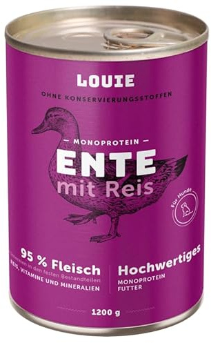 LOUIE Nourriture humide pour chien au canard et riz 200 g - Ingrédients 100 % naturels - 95 % viande de canard - Source naturelle de calcium - Sans conservateurs - Aliment complet riche en nutriments