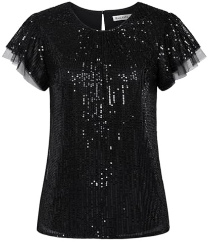 Bluse Kurzarm Oberteile Pailletten Ball Party Damen Shirt Schwarz M