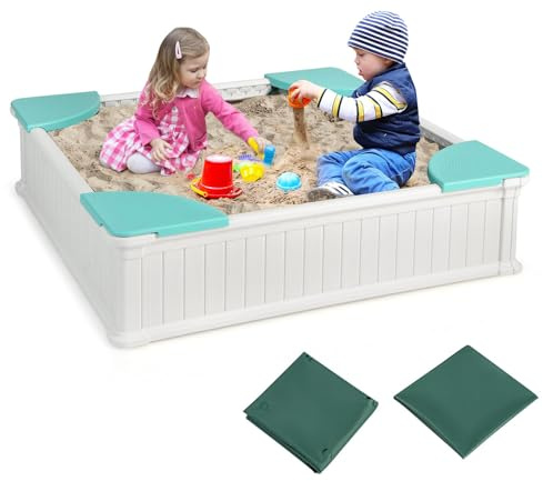 GLACER Sandbox with Cover, 4ft x 4ft HDPE Sand Box w/Oxford Cover, Bottom Drainage Oxford Liner, All Weather Resistant Sand Pit in Backyard Lawn Garden Beach for Kids (White)