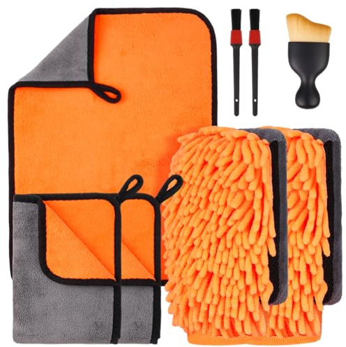 flintronic 8 Pezzi Kit Pulizia Auto, con 3 Pezzi Panno Microfibra Auto e 2 PCS Guanto Lavaggio, 600 GSM Panno, 3 Spazzole per la pulizia, Senza Graffi per Cura