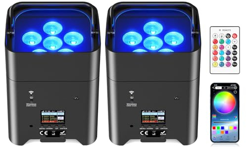 Oloaxolx 2 st LED-projektor, uppladdningsbart batteri, 6 x 18 W, RGBWA+UV scenljus med fjärrkontroll, 9 600 mAh/APP/DMX512 LED för bröllop, DJ, kyrka, utomhus, disco, juldans
