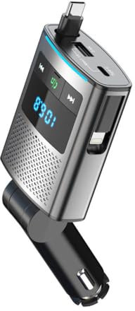 OneKer Radio and bluetooth car adapter with Retractable Fast Car Charger 4 in 1-80W+ Fast Car Charger & Bluetooth 5.3 transmitter. FM Transmitter with Music Player, Hands-Free Calling - USB-C & USB