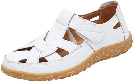 Dam stängd tå sandaler läder promenader vandring utomhussandaler dam halkskydd ortopedisk sandal lätta fiskarskor avslappnade ihåliga skor sommar strand skor retro trädgårdssko, Vitt, 8 UK