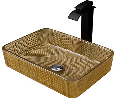 KOMFGT Bathroom Sink with Black Faucet, Rectangle Crystal Glass Vanity Vessel Sink with Pop Up Drain, Countertop Bathroom Washbasin, 46X34X12Cm