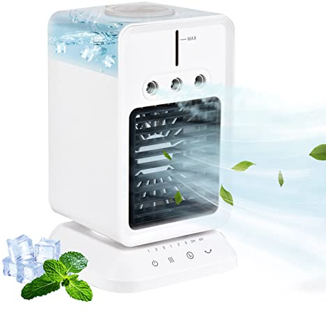Tbest USB-Tischventilator, Mini-Klimaanlage, Tragbarer Luftbefeuchter, Ventilator 3-in-1, 90 ° -Schwingung für Größeneren Kühlberich, Großer WASSERTANK, TIMER & URLAUEIS, LEUNTH UND UNTER