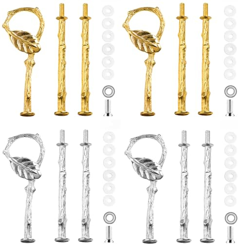 BetterJonny 4 Set Etageren Stangen, Etagere Bausatz Metallstangen Etagerenhalter Mittellochausstech 2 bis 3 Etage für Hochzeitstorte Tortenhalter Torten Etagere Tortenständer Gold Silber Blätter