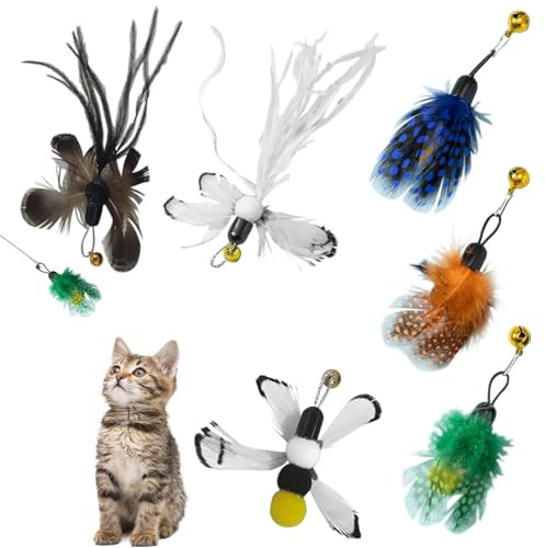 Girihe 6 PCS Cat Wand Toy, Feather Cat Toy Refill with Feathers & Bells Feathers Teaser Ca t Toyy Refill, Cats Featherr Toyy for Indoor Cats and Kittens