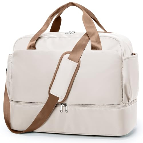 HPLQQ Weekenderväska Damsportväska 45x36x20 Easyjet Handbagageväska Sjukhusväska Reseväska Badväska Träningsväska med Skofack för Flygresor, F01-Beige Brun