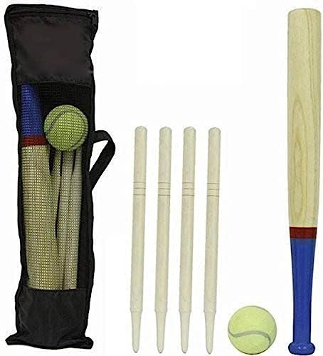 6 Piece Wooden Rounders Set & Carry Bag - Baseball Bat & Soft Tennis Ball Garden Fun Play Set