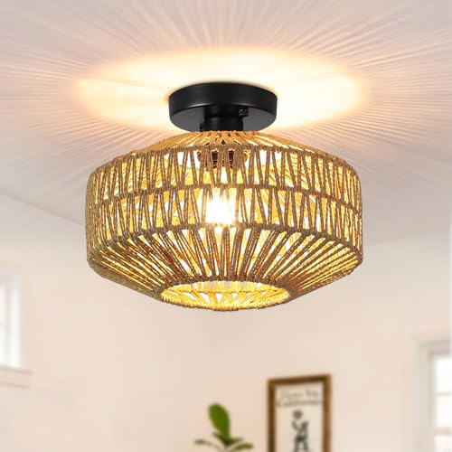 JOYINLED Handgefertigte Rattan-Deckenleuchte, Vintage Boho Design, Gewebter Lampenschirm, E27 Fassung, für Wohnzimmer Schlafzimmer Küche Balkon Flur Bar
