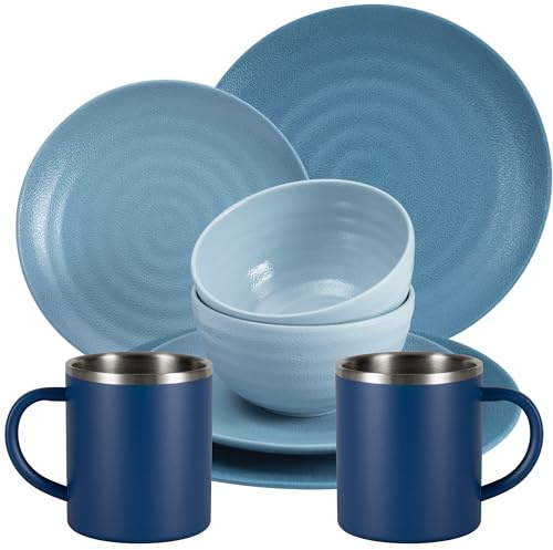 Vaisselle en mélamine bleue pour 2 personnes 8 pièces avec tasses thermiques en acier inoxydable à double paroi - Aspect argile - Vaisselle de camping et pique-nique - Idéal pour le camping et
