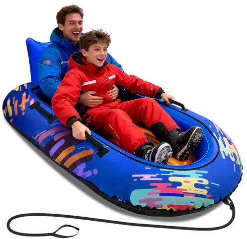 Extra-Wide 2-Person Snow Tube Sled, Hyperzoo Heavy-Duty Inflatable Snow Sled with Rip-Proof Fabric Cover, Snow Tubes for Sledding with Backrest & Reinforced Handles for Family Christmas Birthday Gift