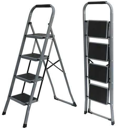 UZIRO Escalera Plegable 4 Peldaños -Estructura de Acero y Peldaño Antideslizante - Asa Superior de Goma - Escaleras Plegables Domésticas - Step Ladder para Hogar (Gris, 4 Pedaños)