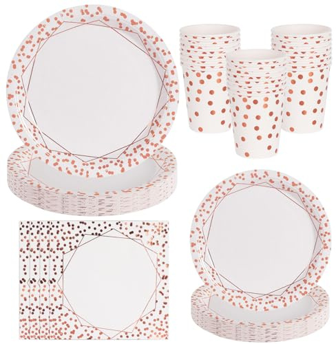 PYAILI Série de couverts en blanc et rose,total 80 pièces : comprend des assiettes, des gobelets en papier et des serviettes, pouvant accueillir 20 invités. fêtes d'anniversaire, des banquets, etc.