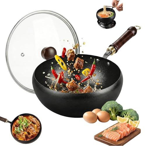 Wok giapponese in ghisa, set di pentole e padelle giapponesi in ghisa, antiaderente martellato a mano con coperchio, pentola sana non rivestita, per friggere, stufati, fornelli a induzione e a gas