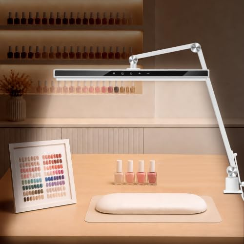 CGBE 18W Nageltisch Lampe LED mit Lichtblenden, 30/60 Min Timer, CRI 95 | 46.6 cm Klemmlampe 1500LM Augenschutz, Flimmerfrei, 5 Farbmodi 10 Helligkeiten, Touch Steuerung, für Nagelstudio Heimbüro