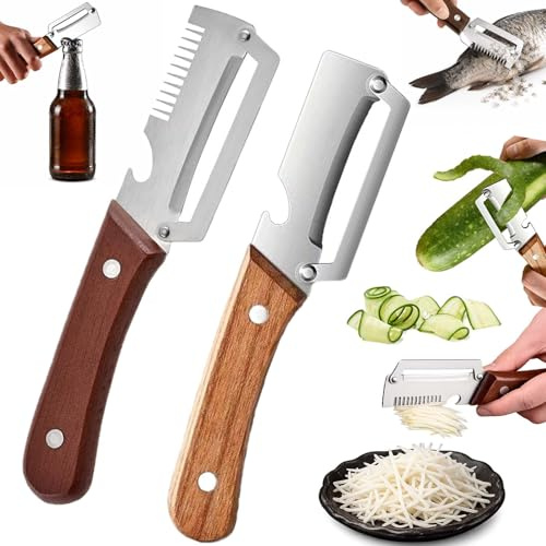 Kerlwert SchäLer, 3 in 1 Kerlwert ProfischäLer mit Holzgriff, Edelstahl SparschäLer für Obst GemüSe und Picknick Langlebiges SchäLwerkzeug mit FlaschenöFfner (2 pcs*A)