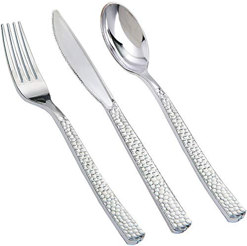 Supernal 180Pcs Silver Plastic Silverware Set, Elegant Hammered Design Heavy Duty Disposable Cutlery, Includes 60 Forks, 60 Knives, 60 Spoons,Silver Plastic Utensils for Wedding, Parties,Events