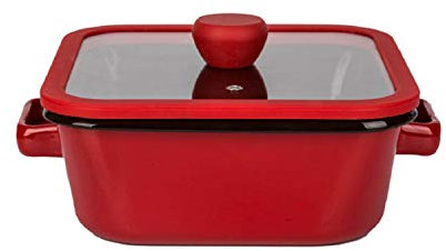 XCXDX Pentola in Ghisa Smaltata Rossa, Pentola con Manico Ispessito con Coperchio Trasparente, Casseruola, 2.6L