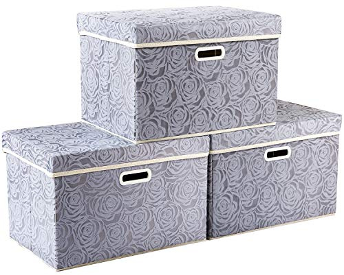 PRANDOM Aufbewahrungsbox mit Deckel Groß,Rosenmuster Stoff Aufbewahrungskörbe,Dekorative Stapelboxen,Würfel,Faltbare Organizer,Behälter,Grau(3 Stück) 43x30x30cm,Schlafzimme,Schrank