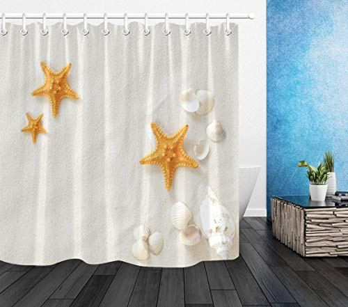 LB Tropischer Strand Duschvorhang Seestern und Muscheln auf weißem Sand Polyester Stoff Extra Lang Bad Vorhänge Wasserdicht Anti Schimmel Badezimmer Deko Heimzubehör mit Vorhanghaken,180X180cm