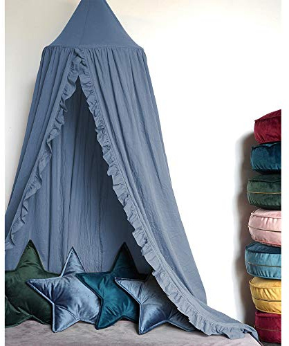 MOMAID Bed Canopy with Frills Reading Nook Game Tent for Kids Boho Hanging Net Play Room Decor(Blue)