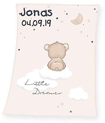 SL-Store GbR Soft Babydecke mit Namen Datum Bestickt Decke 75x100 cm Little Dreamer Geschenk zur Taufe zur Geburt Kinderdecke