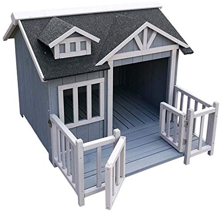 Wiltec Luxus XL Hundehütte 93,5 x 77,5 x 70 cm, grau weiß, Hundehaus aus Holz mit Veranda, Hundehöhle Outdoor für Balkon Garten Terrasse