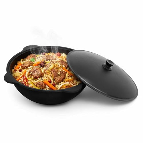 Namangan Kazan Pot pivotant en fonte 16 l (fond rond) Kazan Ouzbek Cast Iron Chaudron Uzbek Camping Uzbek Asia Wok avec couvercle en aluminium