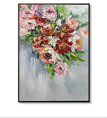 LCDIUDIU Ölbilder Auf Leinwand Handgemalt, Rosa Textur Rose Blume Grünes Blatt Pflanze Abstrakt Modern Handgemalte Ölgemälde Auf Leinwand Für Familie Wand Wohnzimmer Esszimmer Home Art De