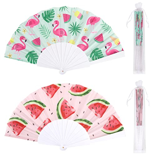 2 Stück Handfächer Sommer Fächer mit Flamingo und Wassermelone Mustern Faltfächer mit Organza Hülle Sommer Geschenk für Geburtstag Hawaii Party Aloha Party Poolparty usw.