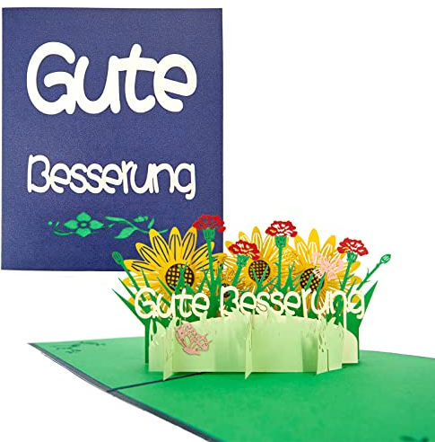 TOG BEG 3D Pop-up karte mit Motiven - Gute Besserung - und Blumen, ein liebevolles Geschenk und Gute Besserung für betroffene Person aus Familien, Freunde, Kollegenkreis inkl. Umschlag - blau