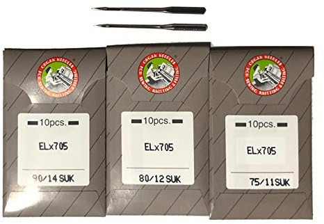30pcs Organ serger Needle elx705 705 2022 Chain Stitch Flat Shank (Mix Size (11SUK, 12SUK, 14SUK))