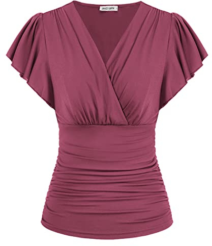 GRACE KARIN - Blusa de verano para mujer, con cuello en V, manga con volantes, elegante y casual, con fruncidos, ropa de moda, Fucsia, XXL