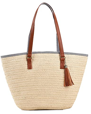 TIAASTAP Strohtaschen Damen, Sommer Strandtasche Stroh Groß Geflochten Korbtasche Stroh Handtasche Basttasche mit Reißverschluss und Leder Schultergurt für Strand Reise Einkauf, Beige